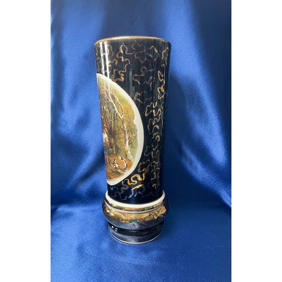Unique Porcelain Black and Gold Vase with Country Picture - Picture 2 of 7